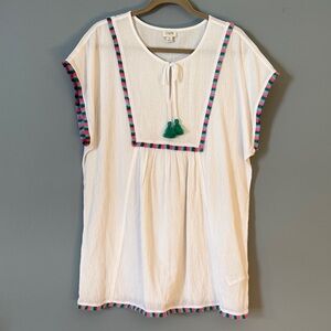 J.Crew White Tunic Cover Up with Colorful Trim 100% Cotton Size M